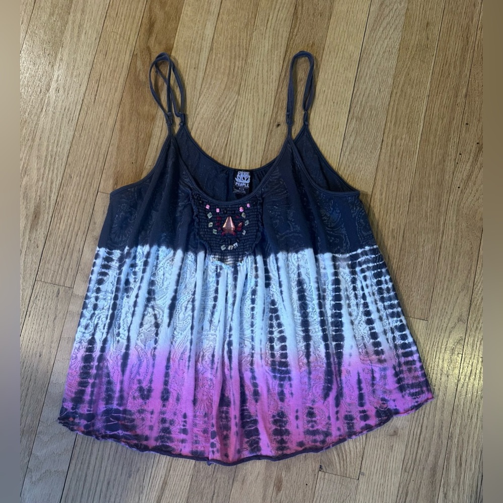 FREE PEOPLE Vintage Boho Tie-Dye/Ombre Spaghetti Strap w/beads Swing Tank(M)